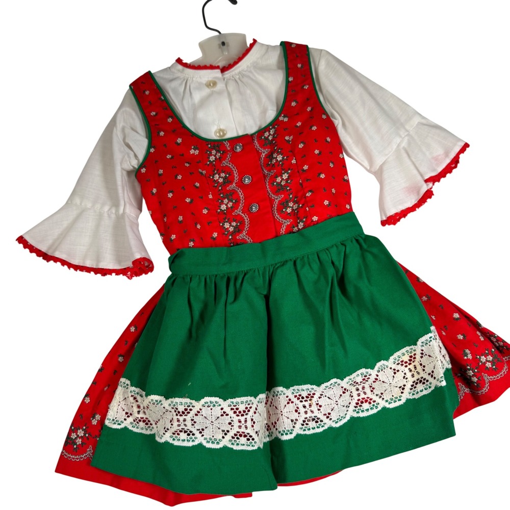 Vintage 70s German Dirndl Dress Set Toddler 86 12-18M Red Floral Apron Green 2T
